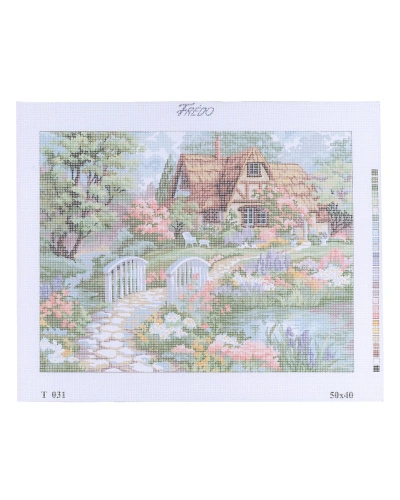 Vyšívací předloha 50x40, chalupa a most Vyšívací předloha 50x40, chalupa a most